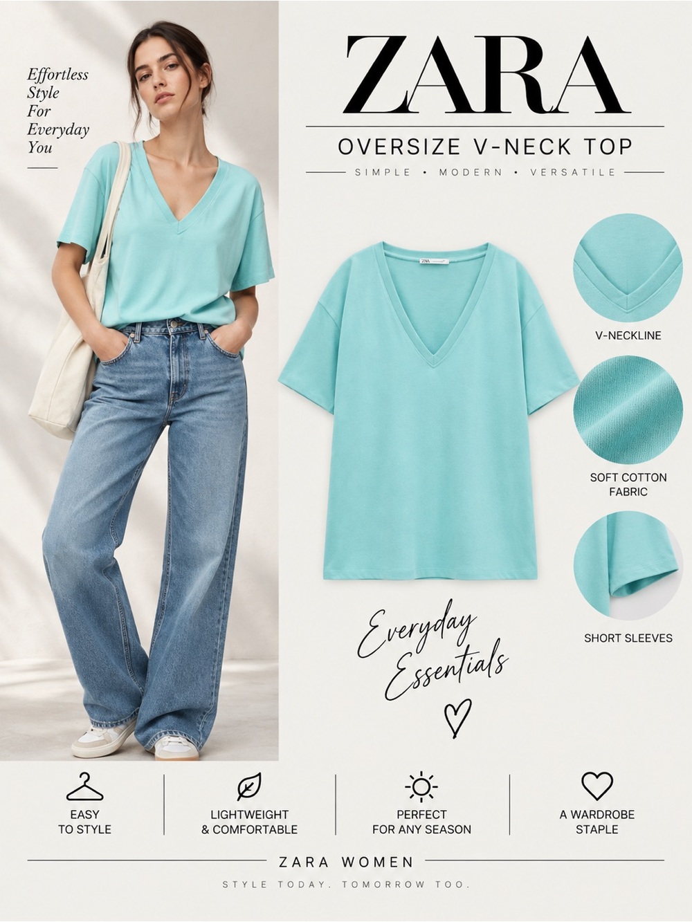 Zara Aqua Blue Oversized V-Neck Short Sleeve Top NWT M
